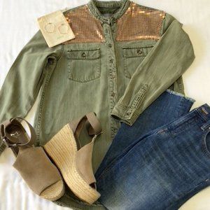 Anthropologie Olive Green Blouse with Gold Accents